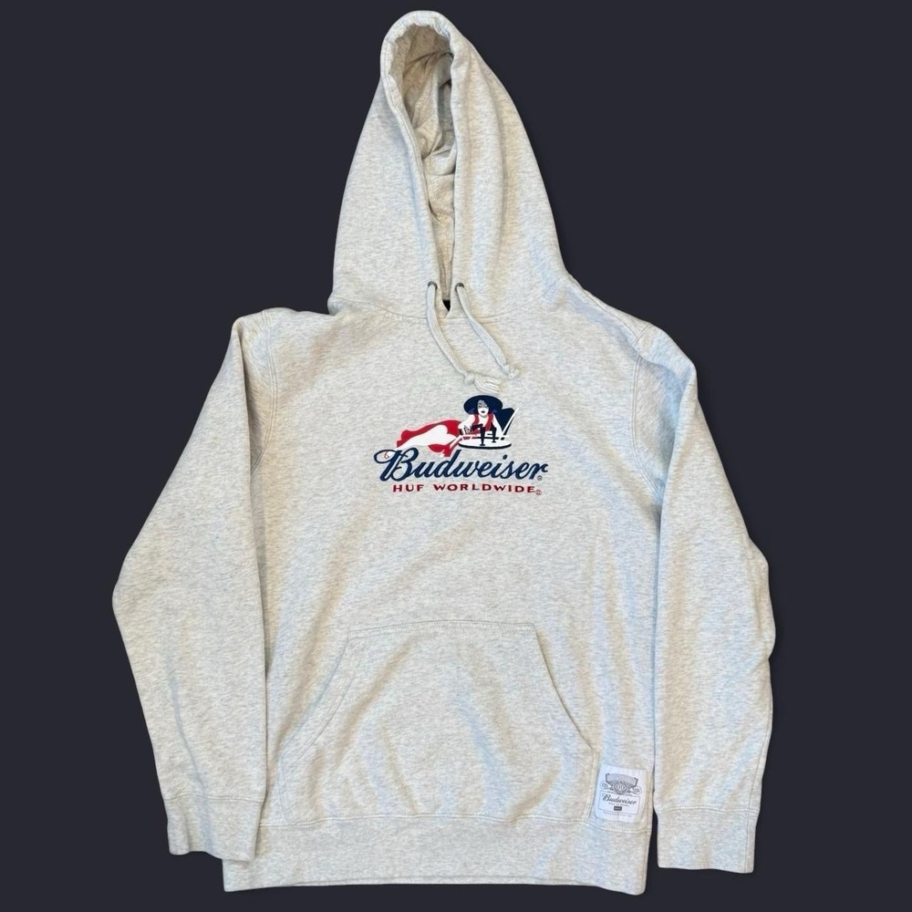 HUF x Budweiser Grey Pullover Hoodie Mens Medium King Of Beers Skater Sweatshirt